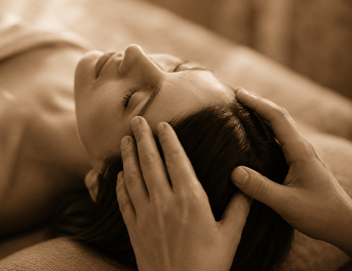 A woman receiving a gentle Reiki healing session, hands cradling her head